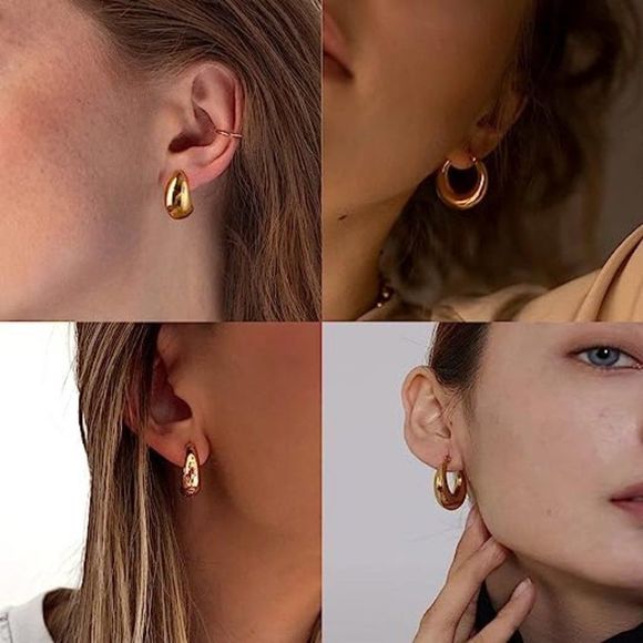 Women,  3 Pairs Chunky Gold Hoop 14k Gold Plated Dainty Gold Earrings Sets - Picture 3 of 3